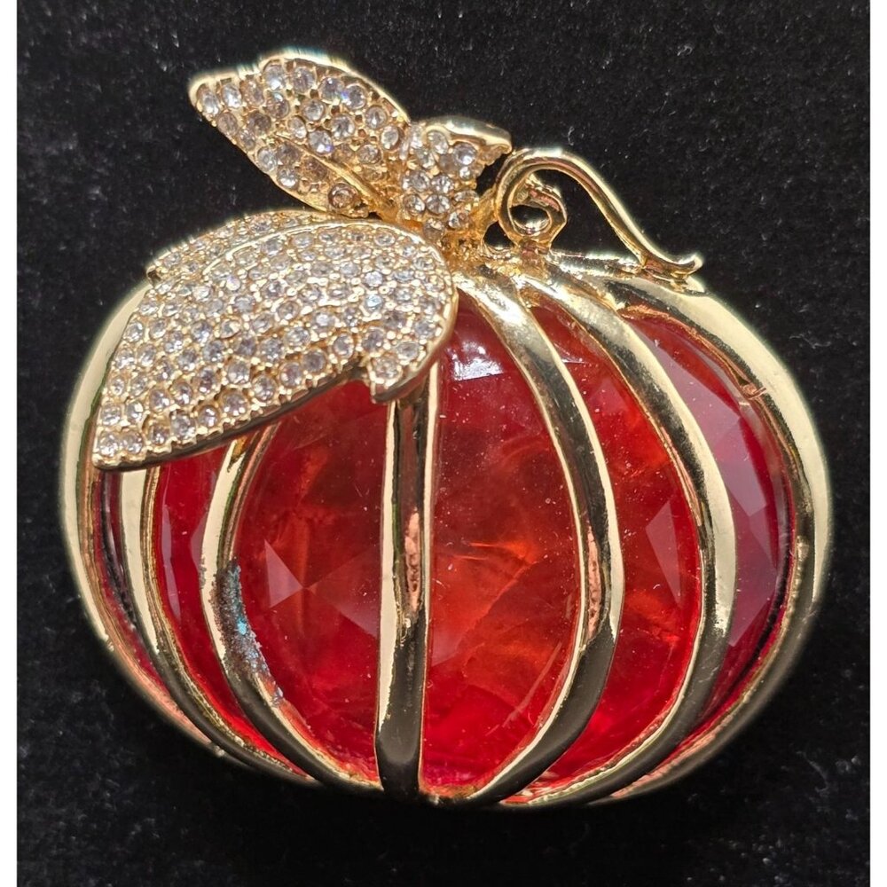 Napier Lucite Pumpkin Brooch Rhinestone Leaves & Stem Crystal Pin